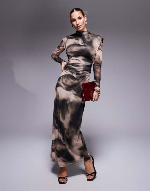 ASOS DESIGN - Hoogsluitende maxi jurk met lange mouwen en ton-sur-ton marmerprint