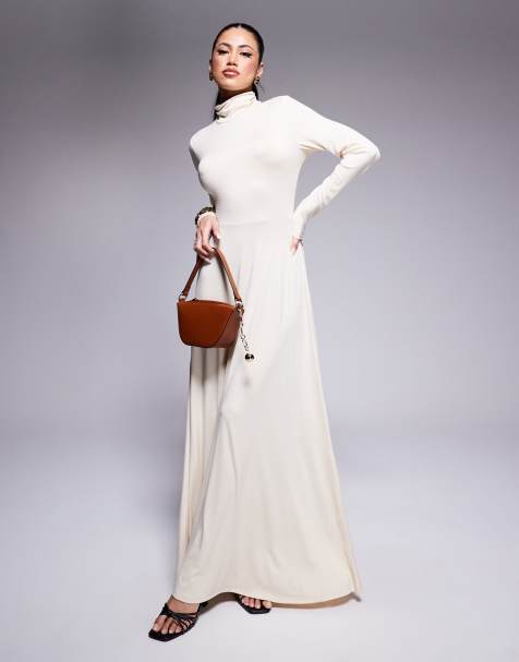 ASOS DESIGN - Hoogsluitende maxi jurk met lange rok in lichtbeige - view 1