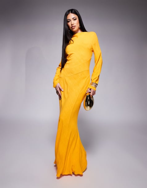 ASOS DESIGN - Hoogsluitende maxi jurk met linnen en naaddetail in oranje - view 1