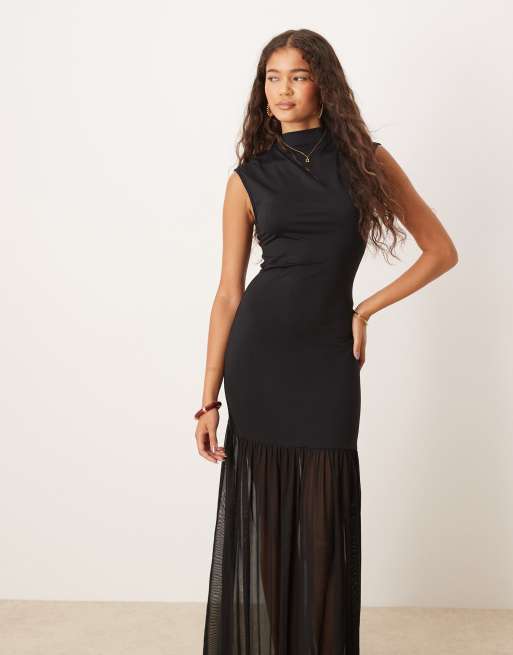 ASOS DESIGN - Hoogsluitende maxi-jurk met met een rok van mesh in zwart, 2 van 4