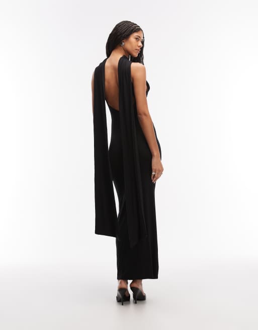 ASOS DESIGN - Hoogsluitende maxi jurk met open achterkant en gedrapeerd sjaaldetail in zwart, 2 van 4