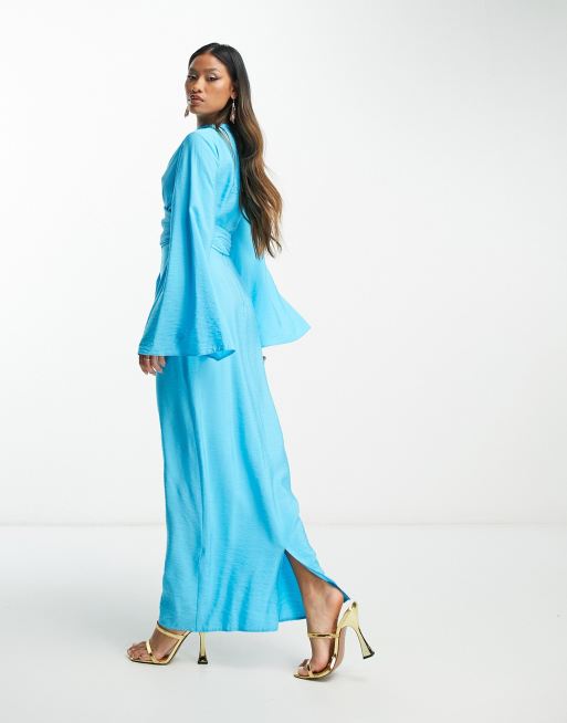 ASOS DESIGN Hoogsluitende maxi jurk met overslag in de taille en uitlopende mouwen in turquoise