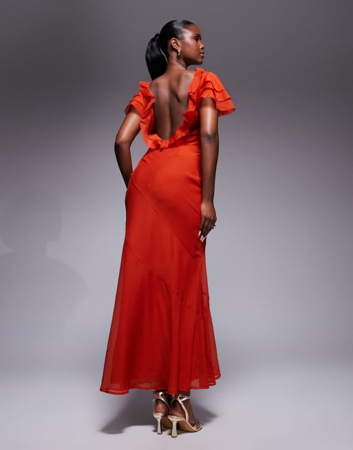ASOS DESIGN - Hoogsluitende maxi jurk met ruches aan de mouwen in rood, 3 van 4