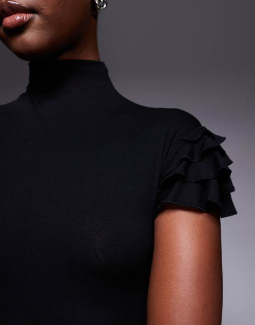 ASOS DESIGN - Hoogsluitende maxi jurk met ruches aan de mouwen in zwart, 4 van 4