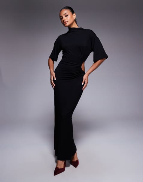 ASOS DESIGN - Hoogsluitende maxi jurk met uitsnijding aan de zijkant in zwart - view 1