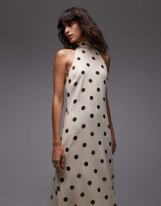 ASOS DESIGN - Hoogsluitende maxi-jurk van chiffon met halternek en stippen in crème, 4 van 4