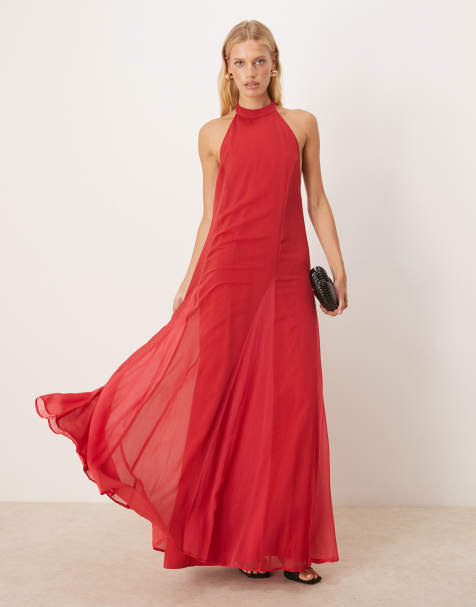 ASOS DESIGN - Hoogsluitende maxi jurk van chiffon met rok met contrasterende godetplooien in rood - view 1