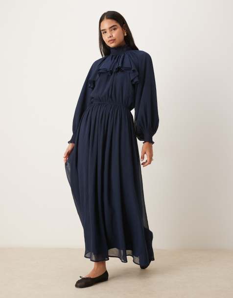 ASOS DESIGN - Hoogsluitende maxi-jurk van chiffon met ruches in marineblauw - view 1