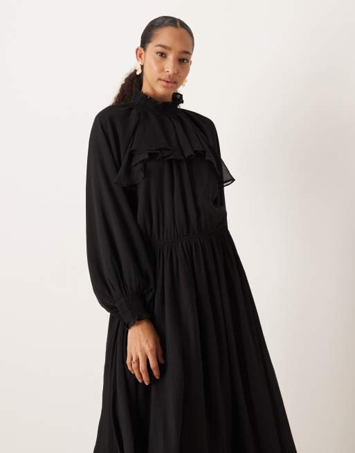 ASOS DESIGN - Hoogsluitende maxi-jurk van chiffon met ruches in zwart, 2 van 4