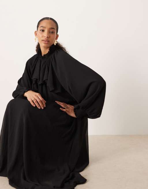 ASOS DESIGN - Hoogsluitende maxi-jurk van chiffon met ruches in zwart, 3 van 4