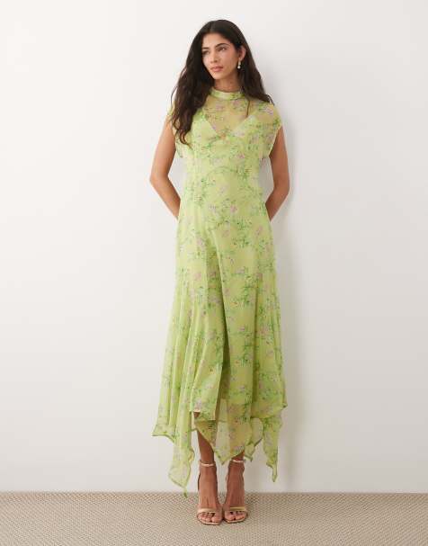 ASOS DESIGN - Hoogsluitende maxi jurk van chiffon met zakdoekzoom en bloemenprint in limoengroen - view 1