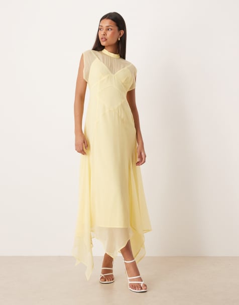 ASOS DESIGN - Hoogsluitende maxi jurk van chiffon met zakdoekzoom in botergeel - view 1