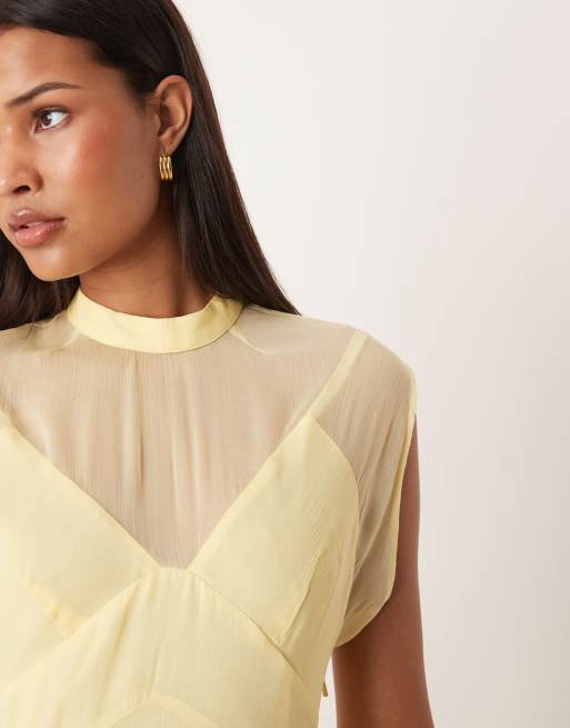 ASOS DESIGN - Hoogsluitende maxi jurk van chiffon met zakdoekzoom in botergeel, 3 van 4