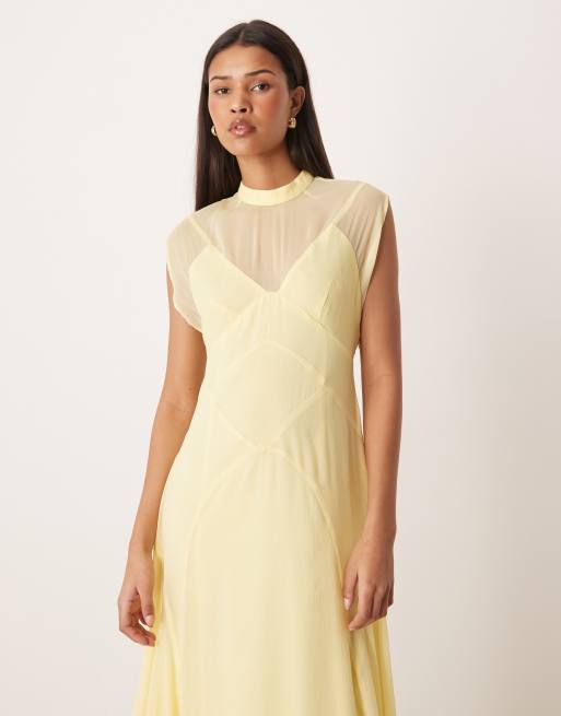 ASOS DESIGN - Hoogsluitende maxi jurk van chiffon met zakdoekzoom in botergeel, 4 van 4