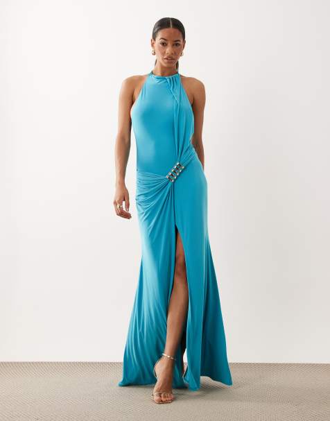 ASOS DESIGN - Hoogsluitende maxi jurk van gladde stof met gedrapeerd detail met metalen hardware in turquoise - view 1
