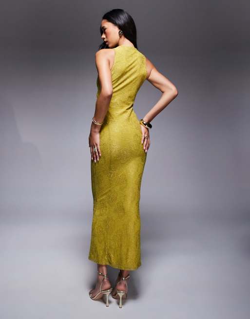 ASOS DESIGN - Hoogsluitende maxi jurk van kant in chartreuse, 3 van 4