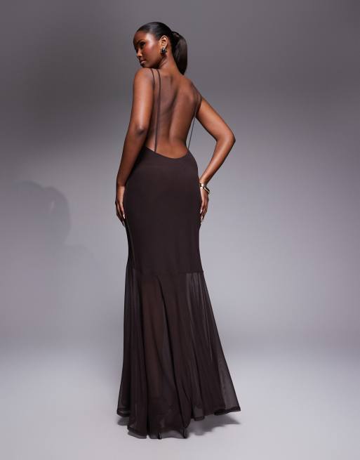 ASOS DESIGN - Hoogsluitende maxi jurk van mesh met open achterkant en dubbele bandjes in chocoladebruin, 3 van 4