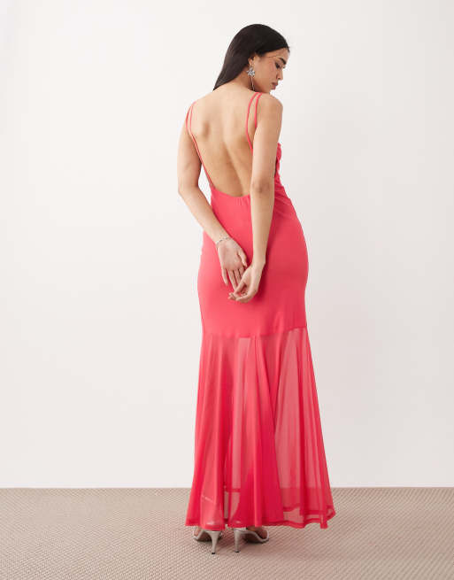 ASOS DESIGN - Hoogsluitende maxi jurk van mesh met open achterkant en dubbele bandjes in koraal, 2 van 4