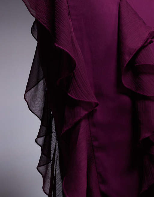 ASOS DESIGN - Hoogsluitende maxi jurk van satijn met lage achterkant en ruches van chiffonmix in pruimkleur, 4 van 4