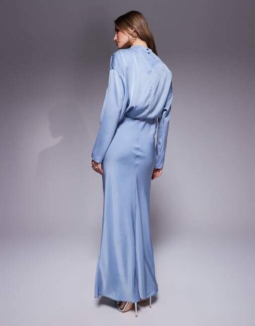 ASOS DESIGN - Hoogsluitende maxi-jurk van schuin gesneden satijn met mouwdetail in blauw, 2 van 4