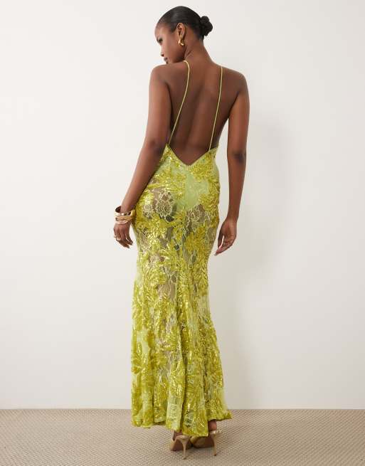 ASOS DESIGN - Hoogsluitende maxi jurk van versierd kant met volle godetzoom in limoengroen, 4 van 4