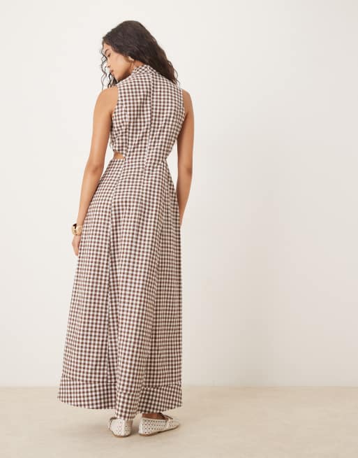 ASOS DESIGN - Hoogsluitende midaxi jurk met open taille en gingham ruit in chocoladebruin, 3 van 4