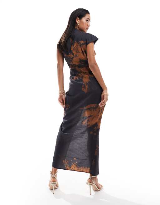 ASOS DESIGN - Hoogsluitende midi-jurk met blote schouder, gedrapeerde details en abstracte bloemenprint, 3 van 4