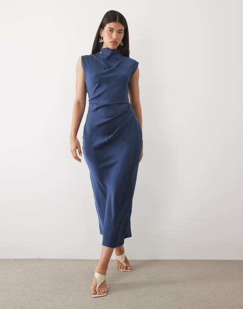 ASOS DESIGN hoogsluitende midi jurk met geplooid lijfje in marineblauw - view 1