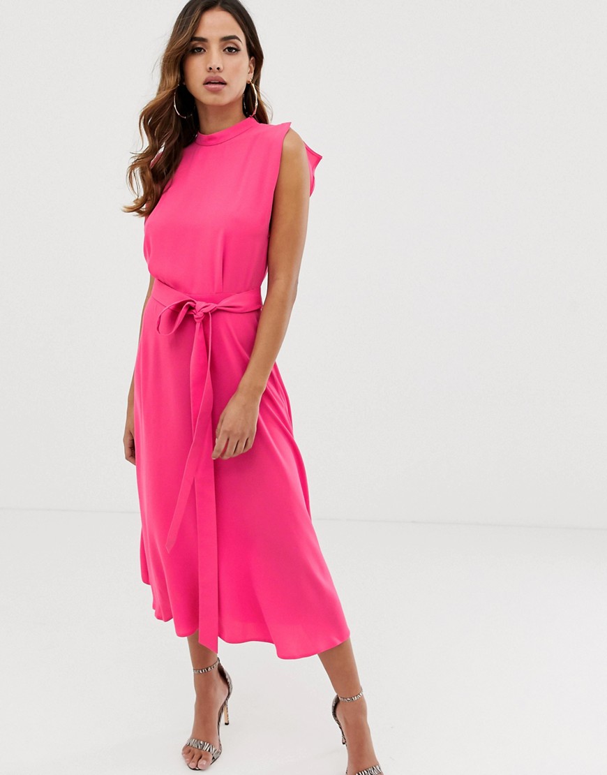 ASOS DESIGN - hoogsluitende midi-jurk met kapmouwtjes met split en skaterrok-roze