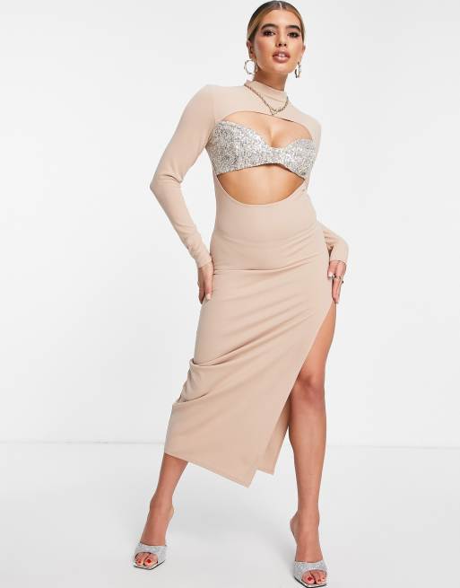 ASOS DESIGN - Hoogsluitende midi jurk met lange mouwen, uitsnijdingen en een bralette met lovertjes in beigeroze