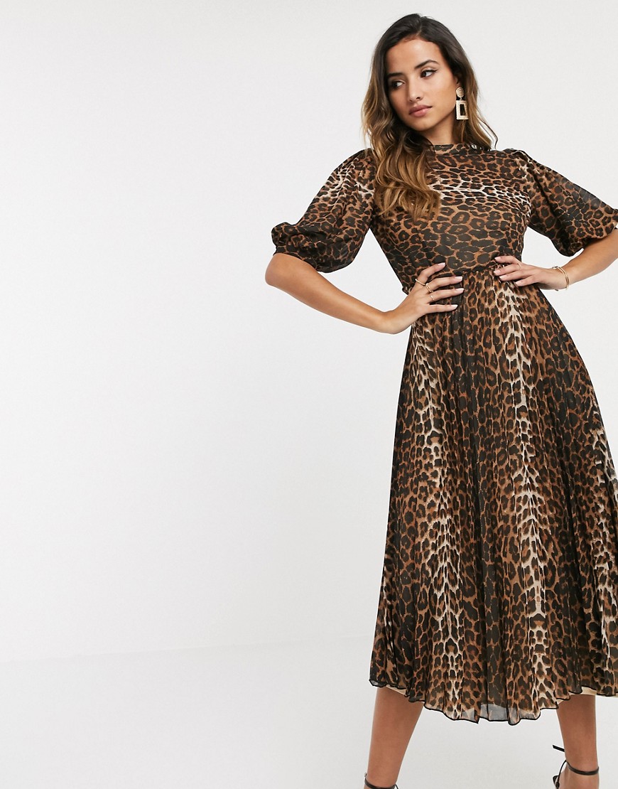 ASOS DESIGN - Hoogsluitende midi-jurk met plooien, pofmouwen en luipaardprint-Multi