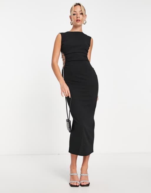 ASOS DESIGN - Hoogsluitende midi jurk met siersteentjes en veters in zwart