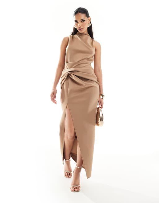 ASOS DESIGN - Hoogsluitende midi-jurk met structuur en heupplooi in mokka