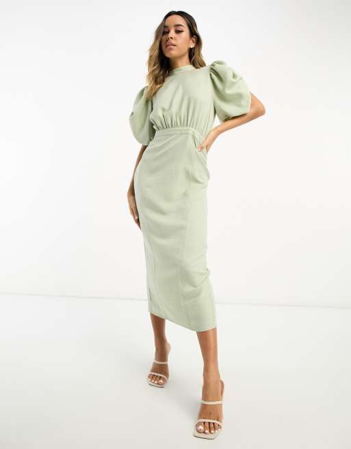 ASOS DESIGN - Hoogsluitende midi jurk met volumineuze mouwen en aansluitende rok in appelgroen