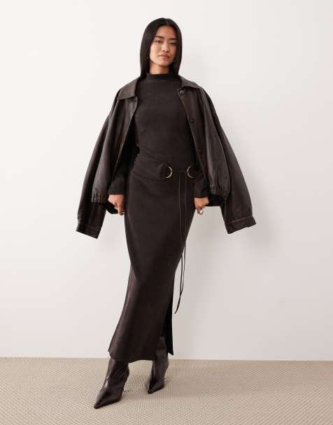 ASOS DESIGN - Hoogsluitende midi-jurk van corduroy met metalen details in chocoladebruin - view 1