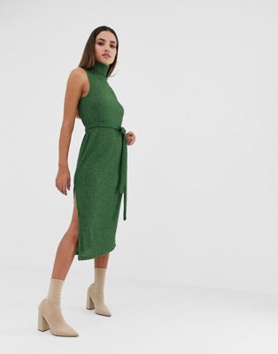 ASOS DESIGN - Hoogsluitende midi-jurk van gemêleerd materiaal en strik-Groen