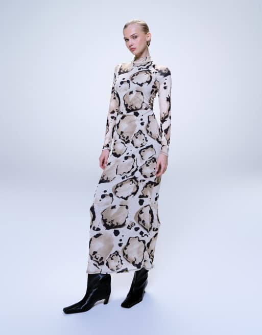 ASOS DESIGN - Hoogsluitende midi-jurk van mesh met lange mouwen en dierenprint, 4 van 4
