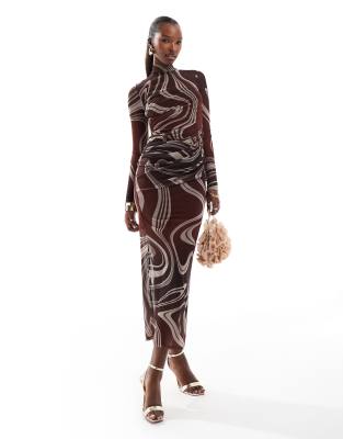 ASOS DESIGN - Hoogsluitende midi jurk van mesh met wervelende streepprint - view 1