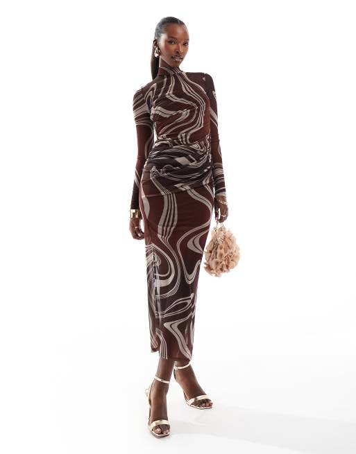 ASOS DESIGN - Hoogsluitende midi jurk van mesh met wervelende streepprint