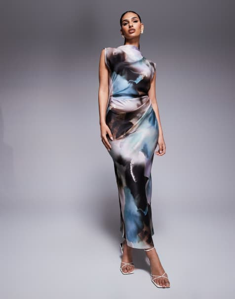 ASOS DESIGN - Hoogsluitende midi jurk van satijn met geplooid lijfje en abstracte print - view 1