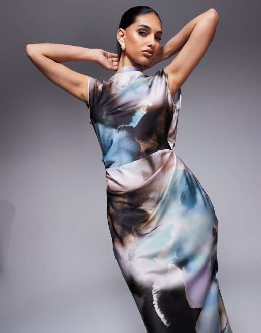 ASOS DESIGN - Hoogsluitende midi jurk van satijn met geplooid lijfje en abstracte print, 3 van 4