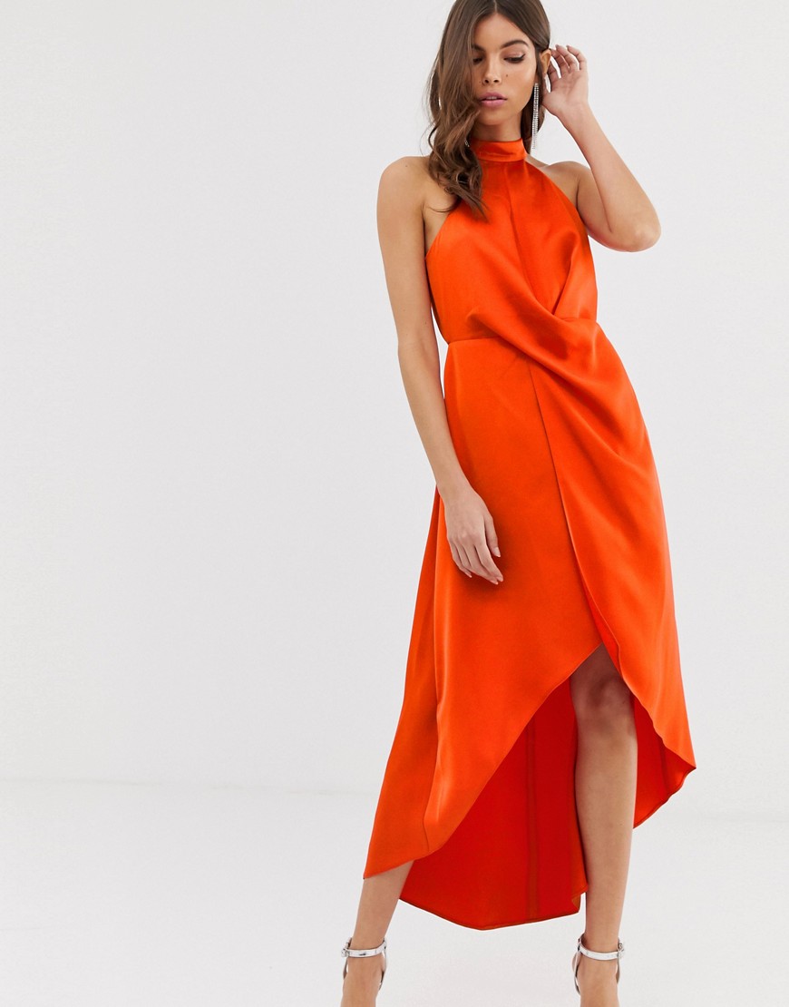 ASOS DESIGN - Hoogsluitende midi-jurk van satijn met rok met overslag-Oranje