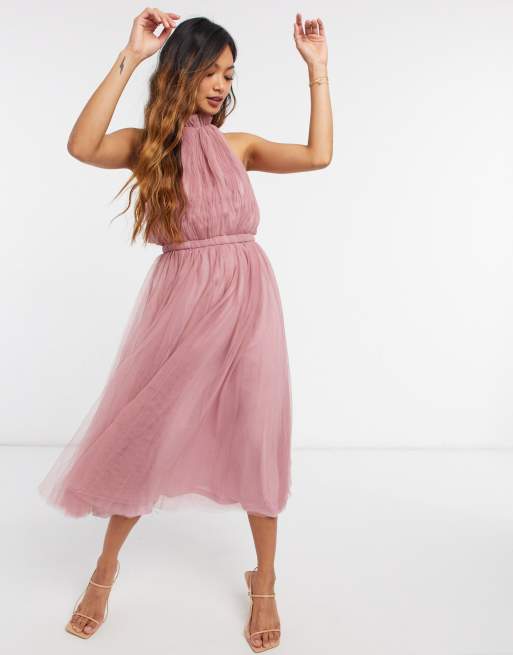 ASOS DESIGN - Hoogsluitende midi jurk van tule met uitsnijding aan zijkant in rose