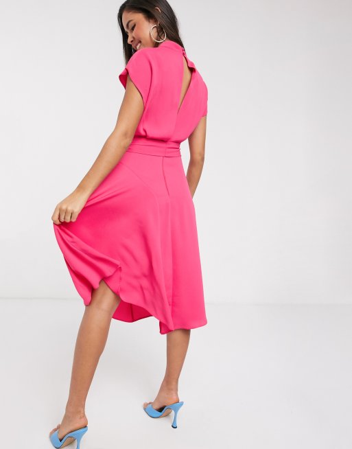 ASOS DESIGN - Hoogsluitende midi-skaterjurk met korte kapmouwen in magenta, 2 van 4
