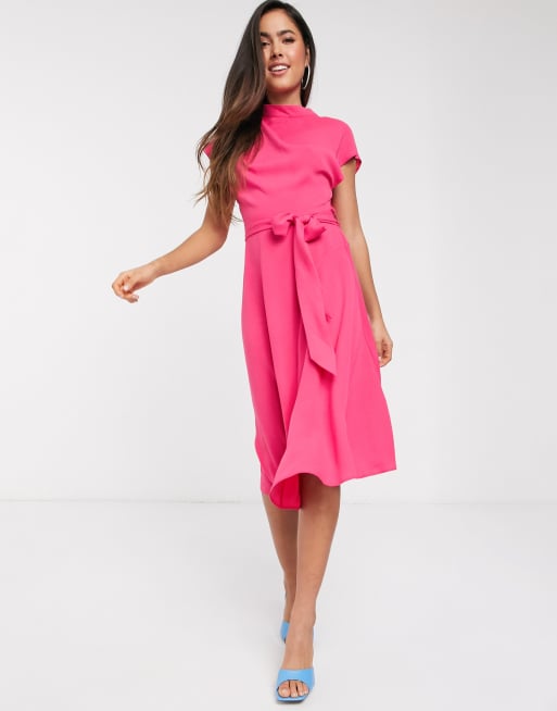 ASOS DESIGN - Hoogsluitende midi-skaterjurk met korte kapmouwen in magenta, 4 van 4