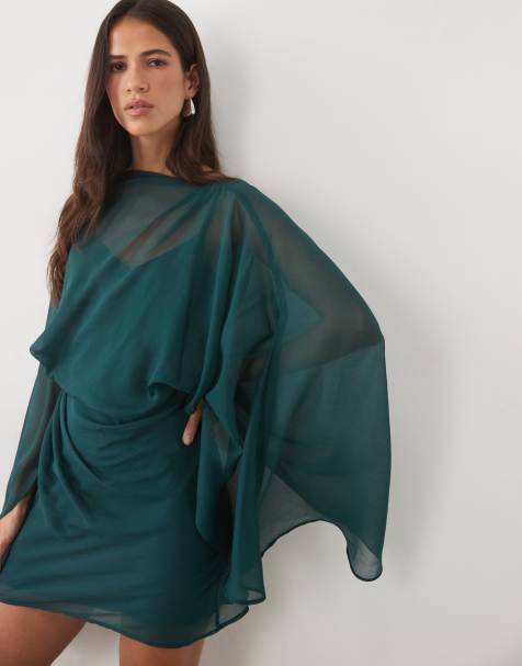 ASOS DESIGN hoogsluitende mini jurk met gedrapeerde voorkant en extreme cape-mouwen in teal - view 1