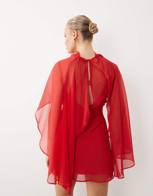 ASOS DESIGN - Hoogsluitende mini jurk met gedrapeerde voorkant en extreme capemouwen in rood, 4 van 4
