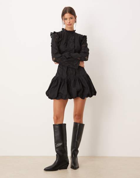 ASOS DESIGN - Hoogsluitende mini jurk met verlaagde taille, ruches en pofrok in zwart - view 1