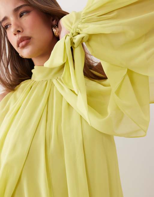 ASOS DESIGN - Hoogsluitende mini jurk van chiffon met open mouwen in limoengroen, 4 van 4