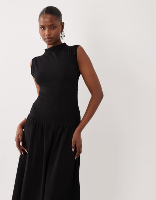 ASOS DESIGN - Hoogsluitende mouwloze maxi jurk met verlaagde taille in zwart, 2 van 4